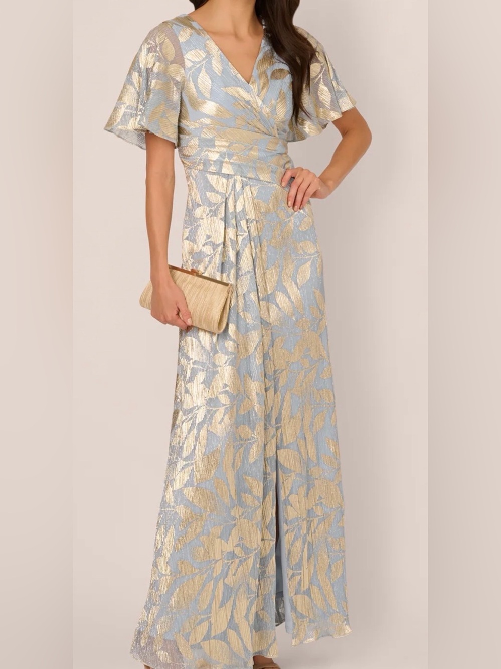 Adrianna Papell Foil Leaf Draped Fomal Gown Maxi Dress Mother  Grandmother